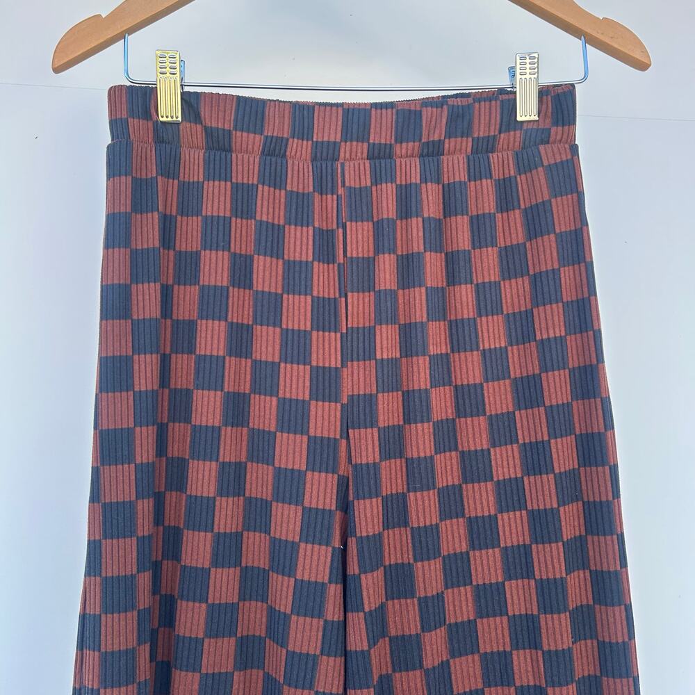 Dressed In LALA Lex Ribbed Playsuit Mocha Brown Black Checkered Set Pants Medium - Picture 10 of 12